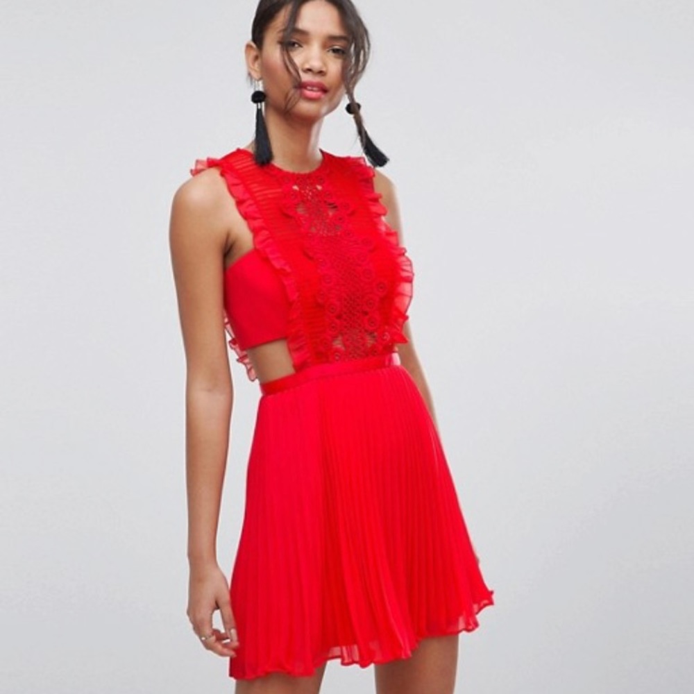 Asos Lace Pinafore pleated red mini dress